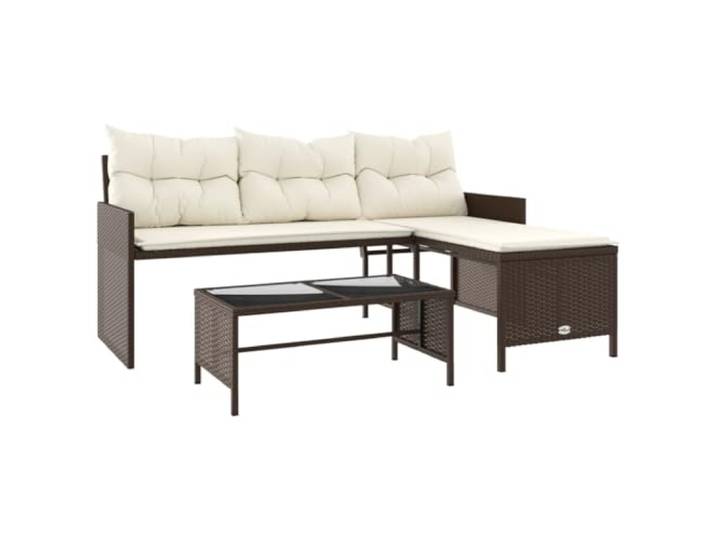 Gartenecke mit Kissen und Couchtisch, Rattan PE, Braun PE-Rattan, pulverbeschichteter Stahl, Tischplatte aus gehärtetem Glas, Bezüge waschbar