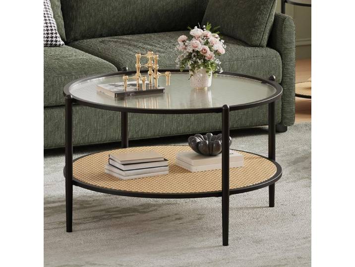 AFF Table Basse Ronde 2 Niveaux Ø78cm Plateau Verre Strié Étagère Rotin Structure Métal Table d'Appoint Minimaliste Salon Moderne