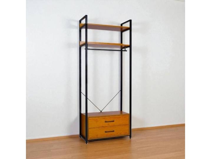 Armoire avec double tiroir 80x37 cm structure métallique et étagères en bois de chêne
