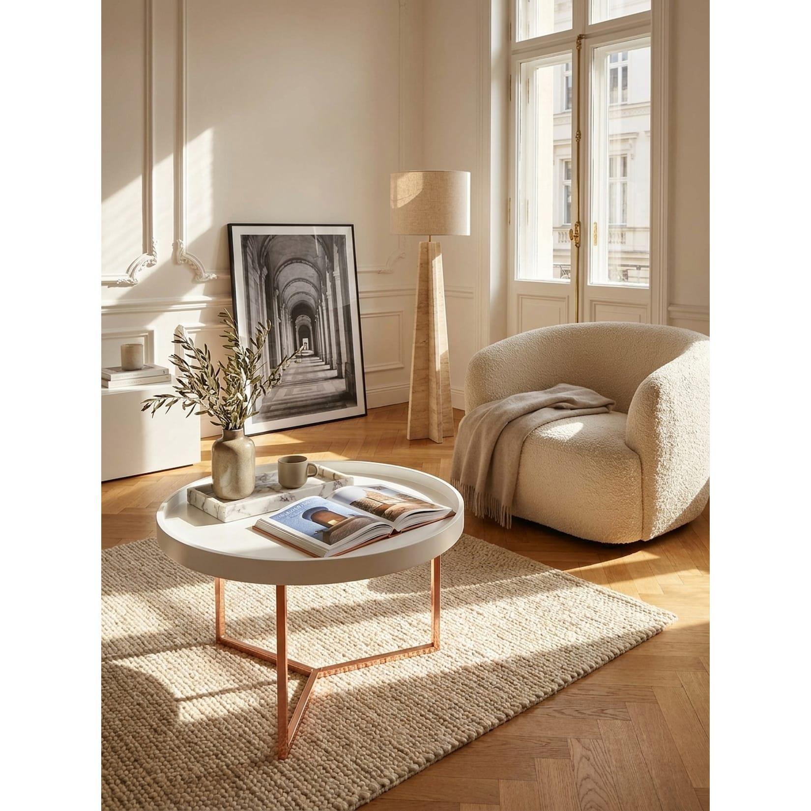 Couchtisch Metall Rund, Retro Design, Modern mit Holzplatte, Weiß 58x58x42 cm
