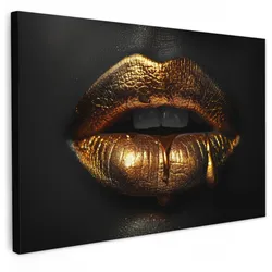 LEINWANDBILD Frau - Porträt - Lippen - Gold - Schwarz Deko Schlafzimmer 30x20 cm