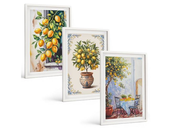 BILDER SET 3er Set - 40x60 cm Weißer Rahmen - Zitronenbäume Früchte Sonne