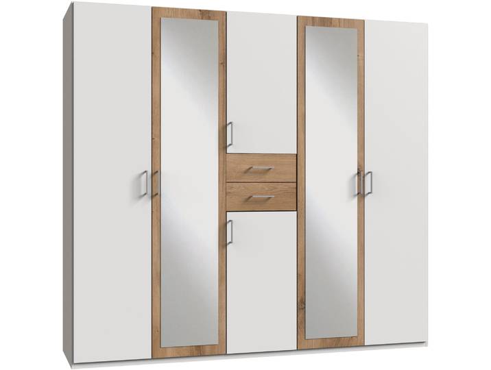 Kleiderschrank, Spanplatte, Weiß/plankeneichefarben, 225×207×58 cm, Mit Spiegel & 3 Innenausstattungen, Landhaus, Wimex