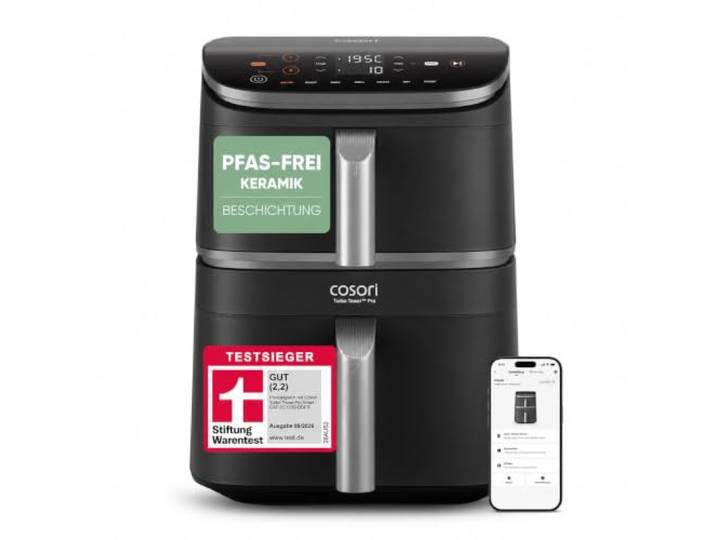 Cosori Airfryer, Testsieger, 10,8L Turbo Tower Pro Smart Stiftung Warentest Testsieger, Dual Blaze Tech, App Steuerung, PFAS-freie Keramikbeschichtung, 2630W, Eissilber