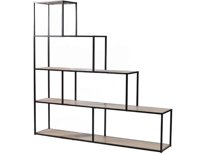 CALICOSY - Boekenkast met 5 niveaus en Design Trap - Decoratie Hout en Zwart Metaal - L160 x H157 cm - LEXIE
