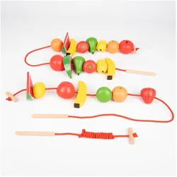 TickiT Holz-Fädelfrüchte – 24-teiliges Set mit handbemalten Früchten & 3 Schnüren