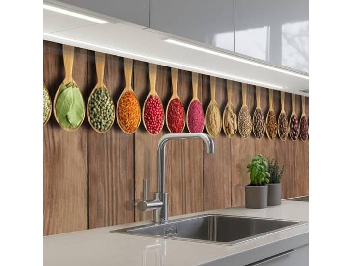KitchenYeah© Spritzschutz Küchenrückwand Selbstklebend Küche Rückwand 60x250 cm - Küchenwand Wand Küchenfront Verkleidung Küchenspritzschutz Löffel - Kräuter - Holz
