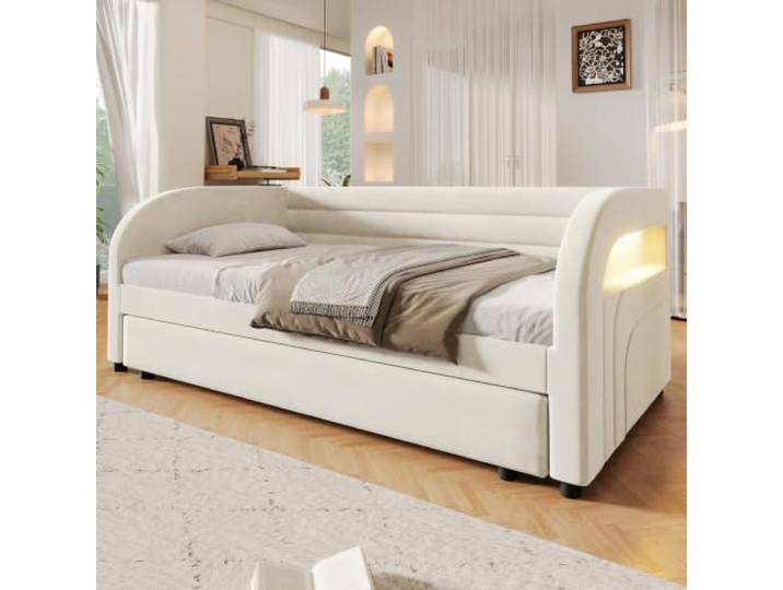 BXEYXE 90x200 gepolstertes Plattformbett mit Praktisches Ausziehbett & LED-Beleuchtung,Beige