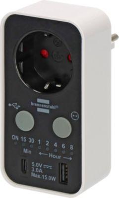 Brennenstuhl Timer-Steckdose mit LED-Anzeige, 1x USB A, 1x USB-C, Countdown 15 Min bis 8 Std, schwarz/weiß