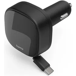 Hama Auto-Schnellladegerät, 2x USB-C, ausziehbares Ladekabel, PD, 30 W, Schwarz, Auto Adapter, Schwarz