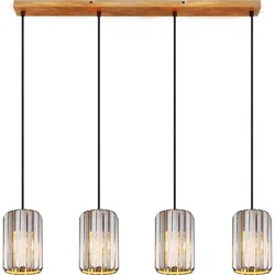 Hängelampe Kristall rauch Pendelleuchte 4-Flammig Esszimmerleuchte Holzoptik, Metall, 4x E27 Fassung, LxBxH 88x13,5x120 cm