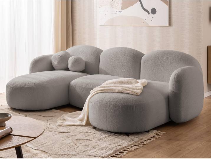 Nuvola - Moderne Wohnlandschaft aus Hellgrau Bouclé mit abgerundetem Design und hohem Sitzkomfort