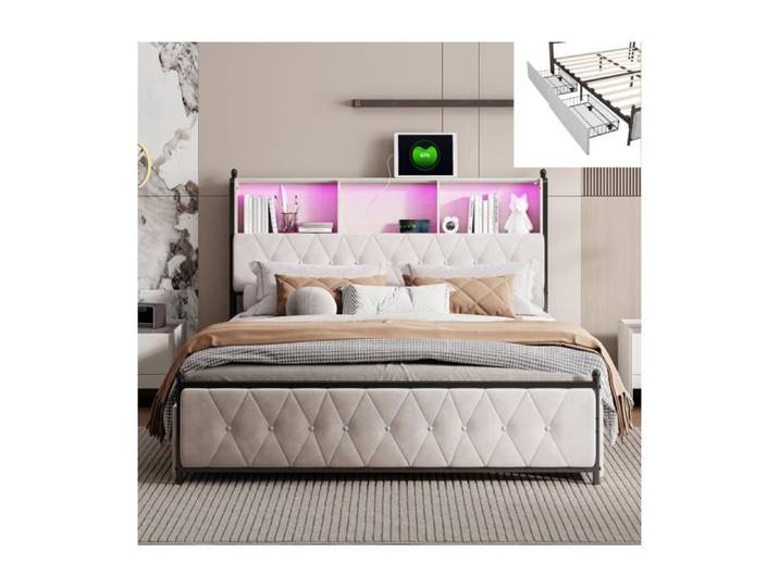Lit double 160x200cm - ADWOLT - Lit capitonné - 4 tiroirs - LED et USB - Velours Beige
