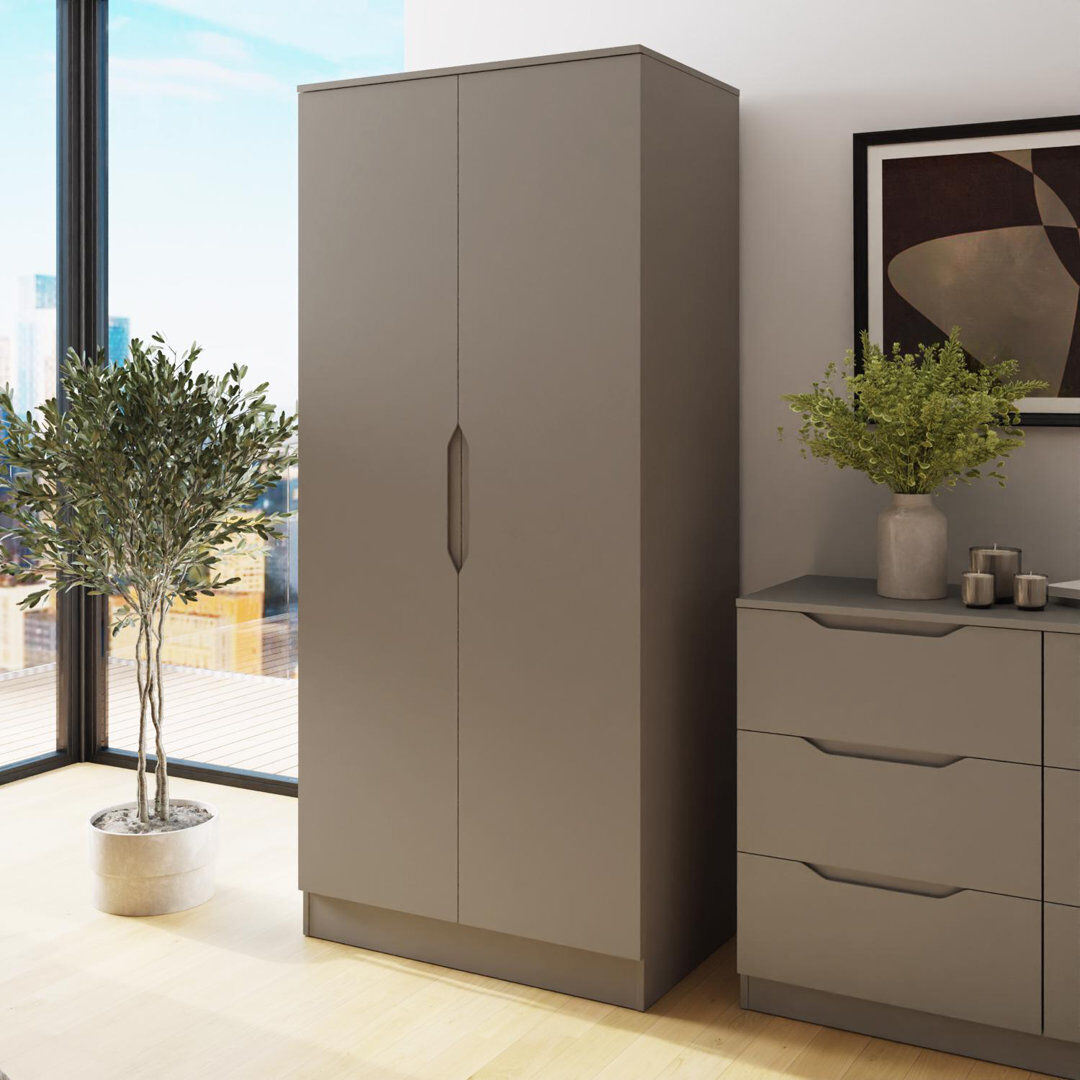 17 Stories Luno 2 Door Wardrobe White Modern Bedroom Storage with Hanging Rail & Shelf Scratch-Resistant Grey 180cm H X 80cm W X 50cm D
