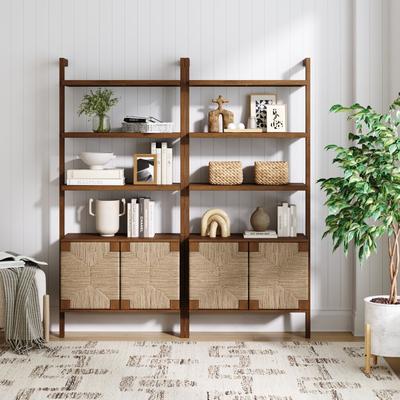 Nathan James Beacon 3-Shelf Bookcase with Seagrass Cabinet, Solid Wood Bookshelf with Storage with Solid Wood Frame
