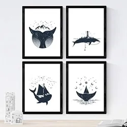 POSTER Set mit 4 Natur im nordischen Stil Wale in blauweiß A3 Rahmenlos