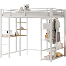 OKWISH Doppel-Hochbett 140x200 cm mit Arbeitstisch, Regalen und Kleiderschrank, stabiles Metallgestell, platzsparend, modernes Design, Weiß