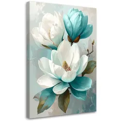 WANDBILD, Türkisfarbene und weiße Magnolien in einer frischen Komposition