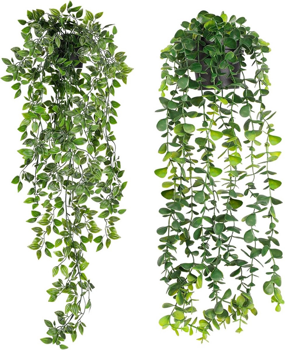 Set van 2 kunstmatige hangplanten voor binnen en buiten met faux eucalyptus en mandala wijnstok in pot