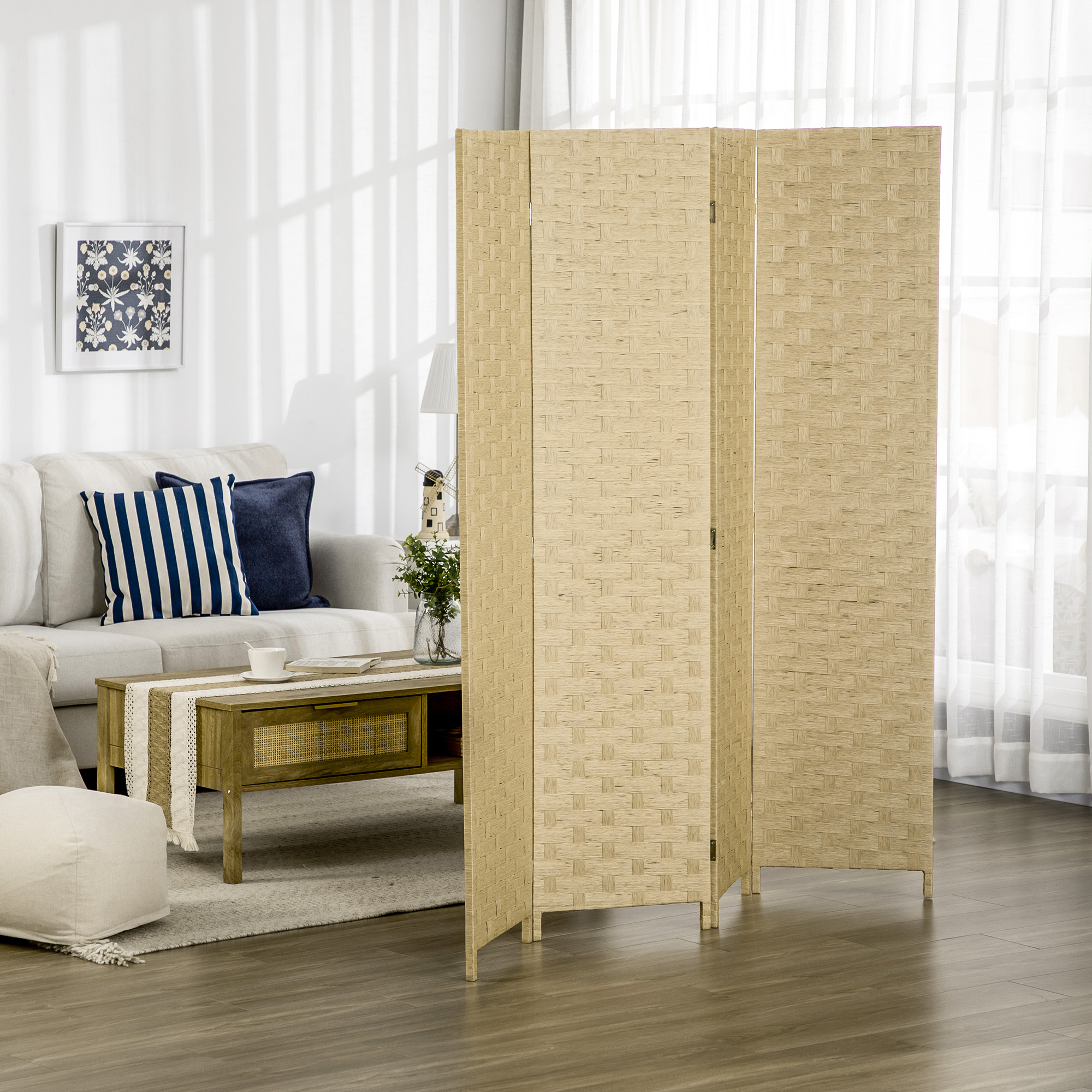 Homcom Paravento Separé da Interno a 4 Ante in Legno, Pieghevole e Salvaspazio Altezza 170cm, Marrone