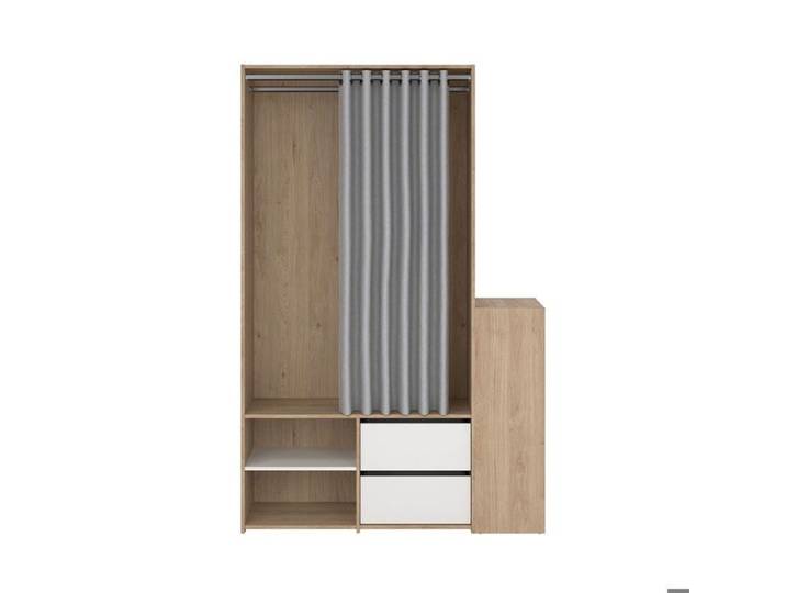 Kimmy armoire ouverte avec rideau 2 tiroirs meuble à chaussures décor noyer blanc rideau gris clair.