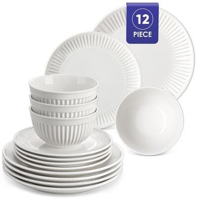 MALACASA LEILA 12-Piece Embossed Rib Pattern Porcelain Dinnerware Set