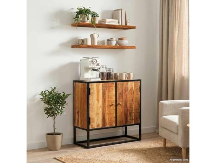 TV-Schrank aus massivem Akazienholz und 110 x 30 x 44 cm mit 2 Schubladen Massives Akazienholz, schwarzer Metallsockel, 2 Schubladen, robuste Struktur, Verwendung im Innenbereich