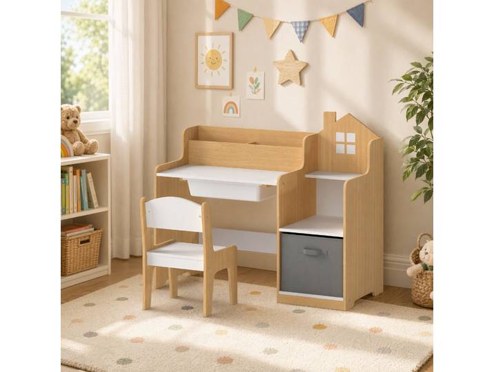 AIYAPLAY Bureau Chaise Enfant Bois Compartiments Tissu Chambre