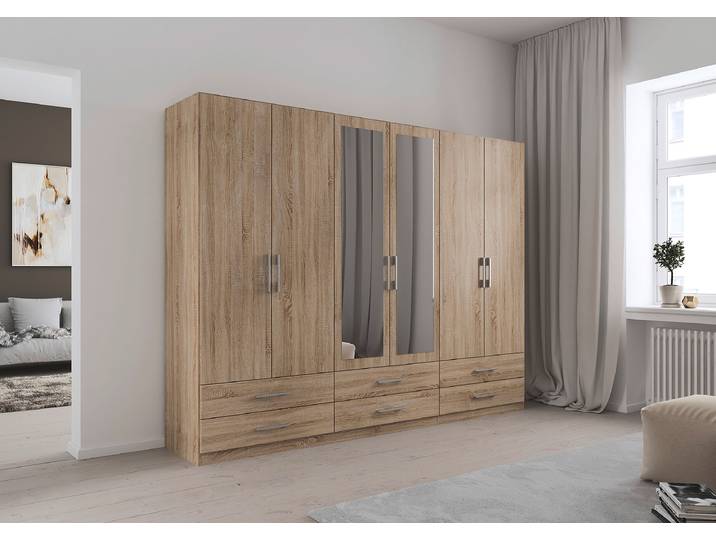 Drehtürenschrank Hersbruck-Extra 271cm Holz/Eiche Sonoma Dekor 2 Spiegeltüren