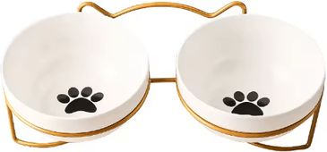 Inspire Picks Comfort Rise Ceramic Pet Bowl Set Elevated Double Cat & Dog Feeding Bowl For Comfortable Dining a Gold 3pcs