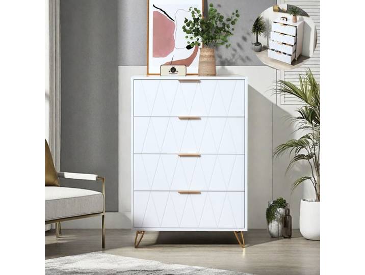 Commode à cinq tiroirs - RAVAS - Meuble à quatre tiroirs - armoire de rangement en bois - Style moderne - 34 × 60 × 90 cm - Blanc