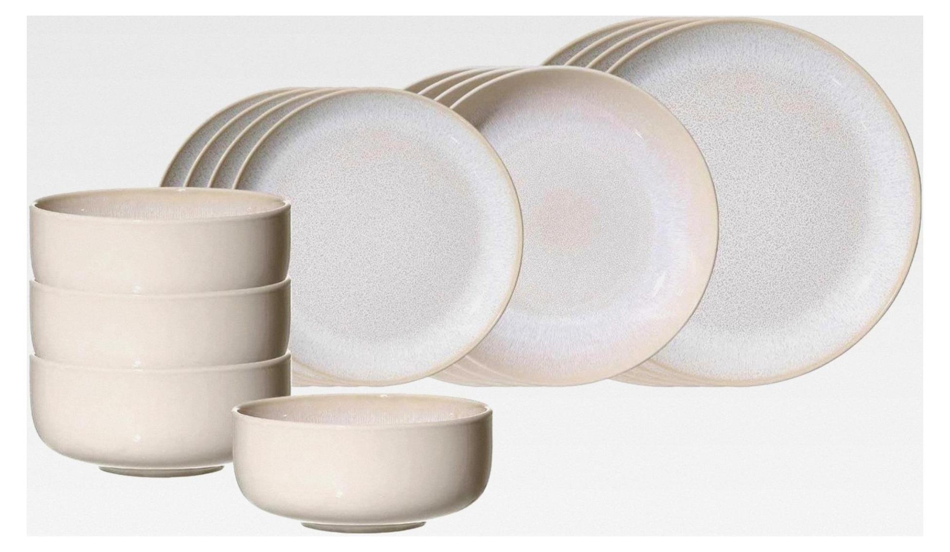 Laredo Einsteiger-Set 16-teilig, Teller und Schalen für 4 Personen, skandinavisches Design mit Reaktivglasur, Kombiservice aus Steinzeug, Beige