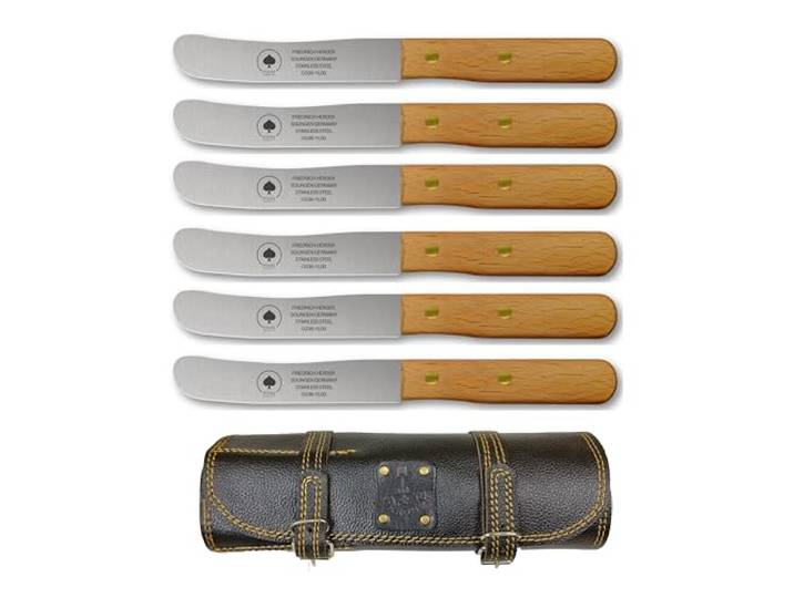 Solingen Messer 6er Set ohne Wellenschliff inkl. hochwertiger Ledertasche, edler Holzgriff, Premium Buckelmesser, Frühstücksmesser, Brötchenmesser, rostfreie Klinge, extra scharfes Küchenmesser