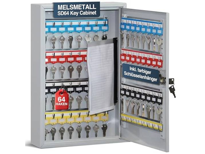 Melsmetall Schlüsselkasten SD64 – Schlüsselschrank mit 64 Haken Schlüsselbox aus Stahl, abschließbarer Safe, magnetische Außenseite, höhenverstellbare Leisten, Wandmontage (45x30x8cm)
