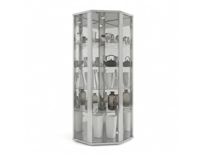 K-Möbel Eckvitrine 56,5/56,5/176 cm mit Spiegel, LED & Schloss, Silberfarben, 4 Fächer, Sechseckig, 56.5x176x56.5 cm, Esszimmer, Vitrinen, Vitrinenschränke