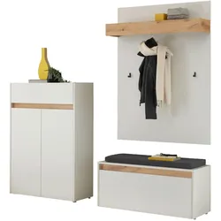 GARDEROBEN-SET weiß matt, Eiche Wotan 4-teilig 195 cm, Sitzbank inklusive Sitzkissen