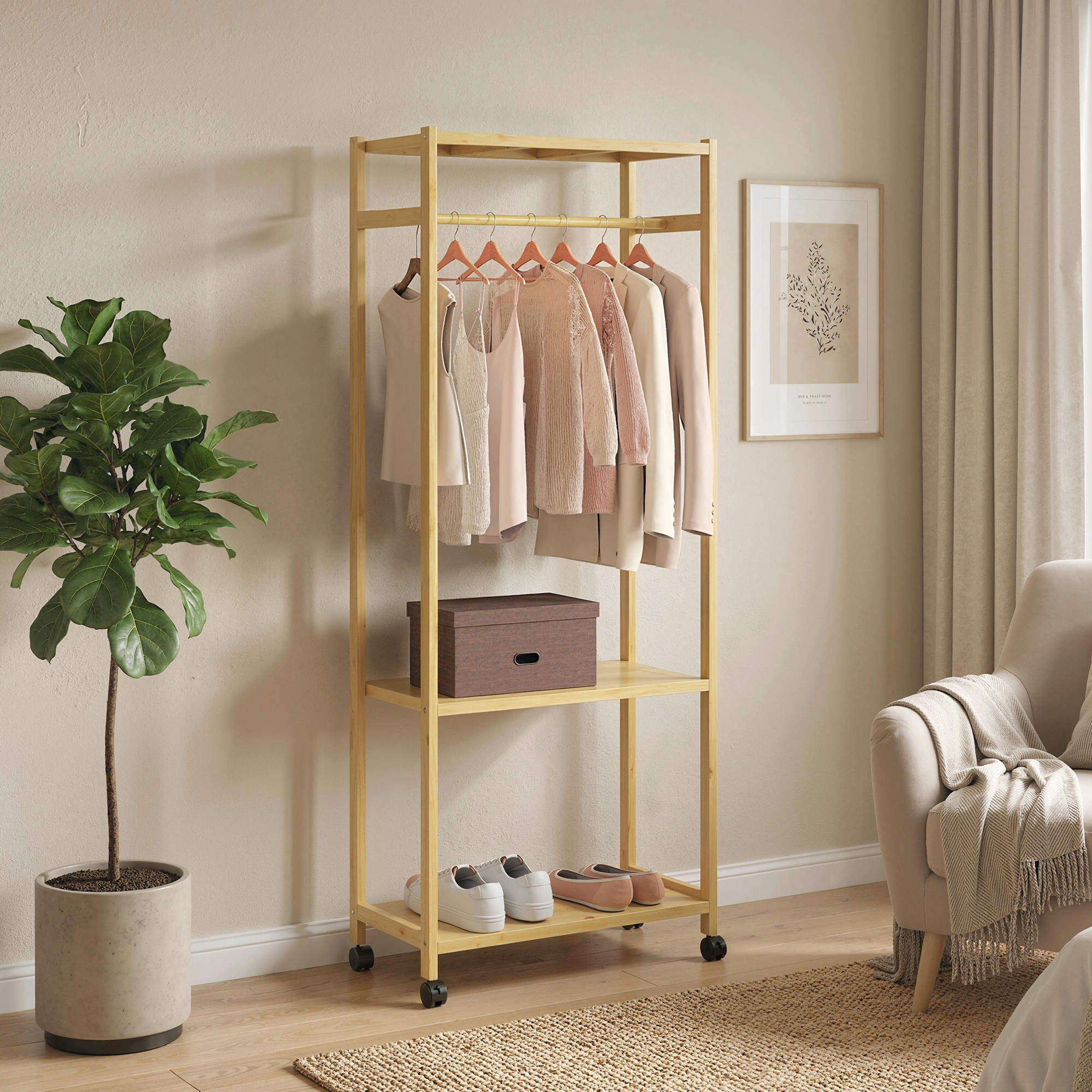 Homcom Stand Appendiabiti da Terra con Barra, Ripiani e 4 Ruote in Bambù, 70x35x175 cm, Legno Naturale   Aosom Italy