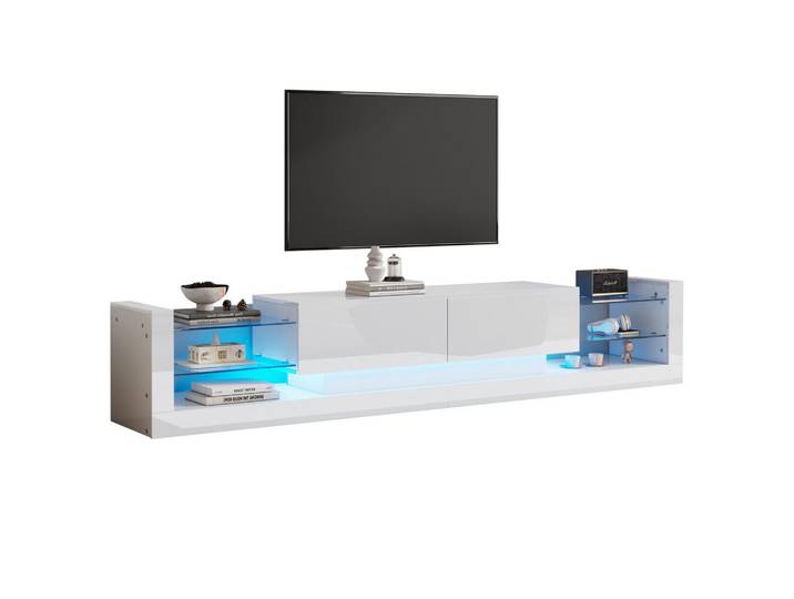 Modenvie Lowboard 181/38/38 cm aus Spanplatte mit LED-Beleuchtung und Glasfront Weiß, 181x38x38 cm, Wohnzimmer, TV Möbel, Lowboards, Lowboards stehend