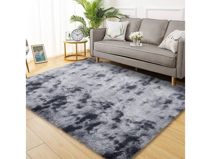 Grand tapis poils longs soyeux laine envers antidérapant salon gris 244×254cm (8×10ft)