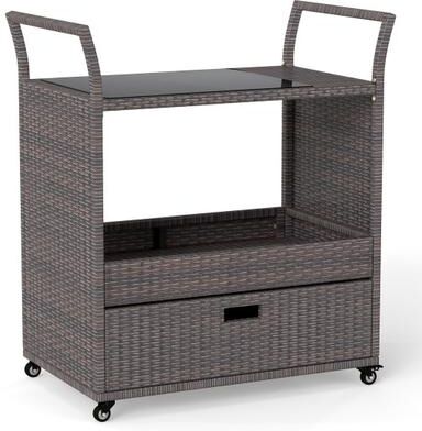 Costway Outdoor Wicker Bar Cart Table with Tempered Glass Top