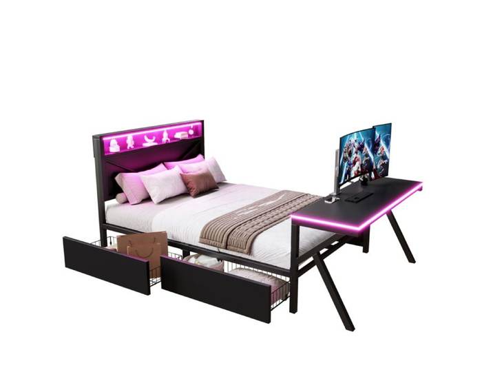 Lit plateforme gaming 140x200 cm en métal noir avec tête LED bureau LED et 2 tiroirs