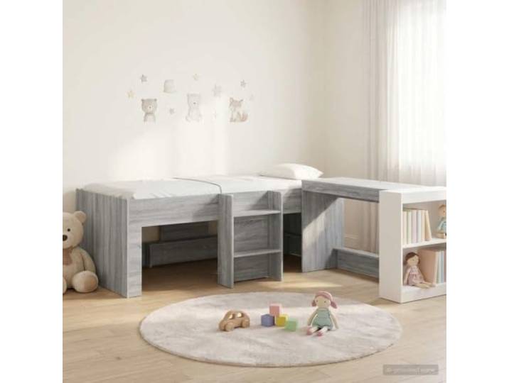 RJPLMFV Hochbett für Kinder, mit Schreibtisch, 2 Stück, Grau Holz, Lattenrost, modernes Design, einfache Montage