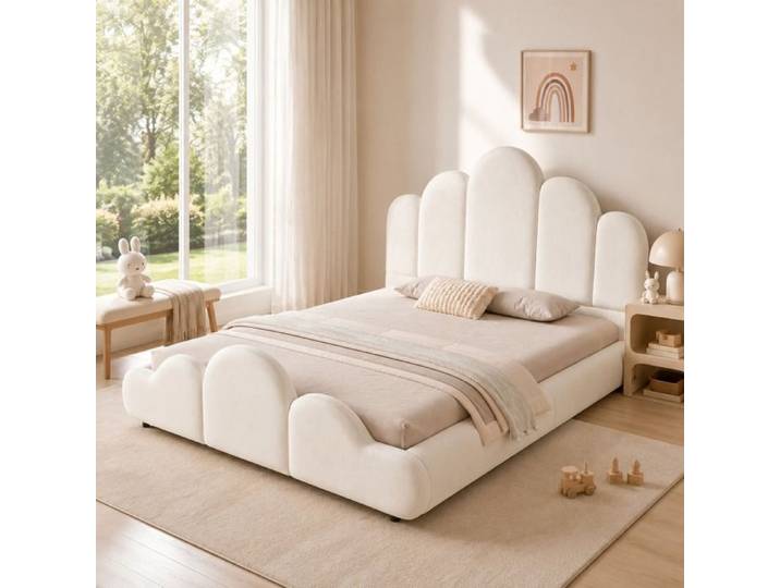Lit enfant - ZEVKOR - Design nuage - 140×200 cm - Tête de lit rembourrée - Velours beige