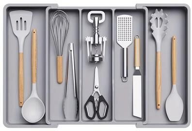 Uplifted Finds Expandable Adjustable Large Plastic Kitchen Utensil Organizer Customizable Cutlery Holder & Tray grey b