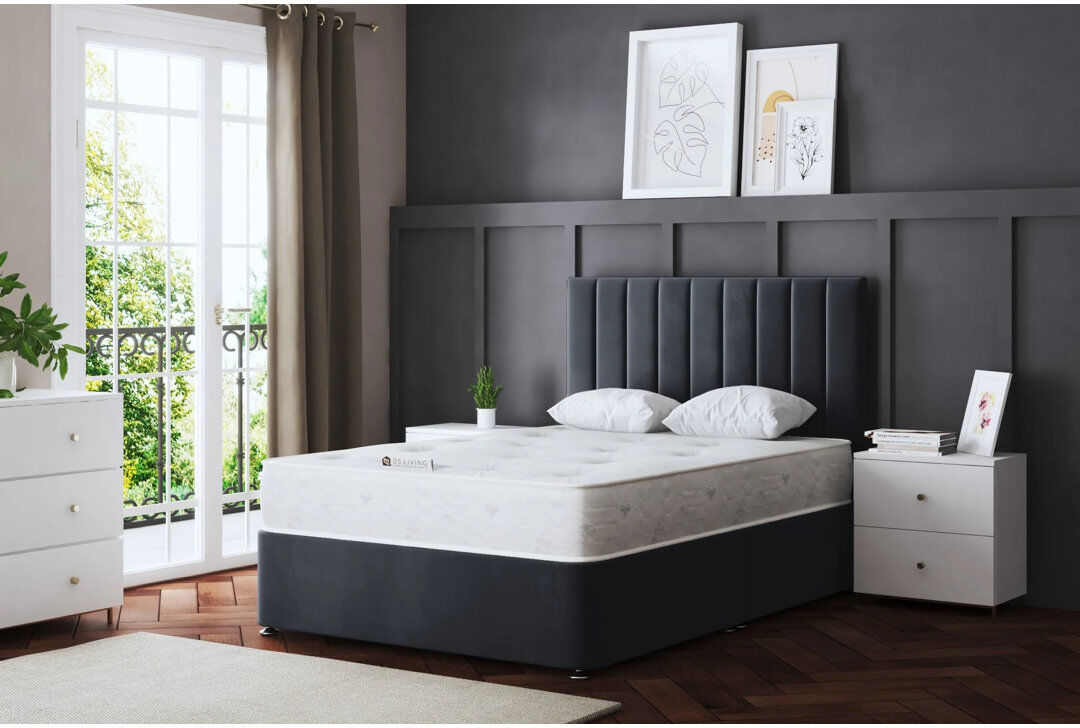 DS Living Upholstered Panel Divan Bed with Headboard Steel Double (4'6)