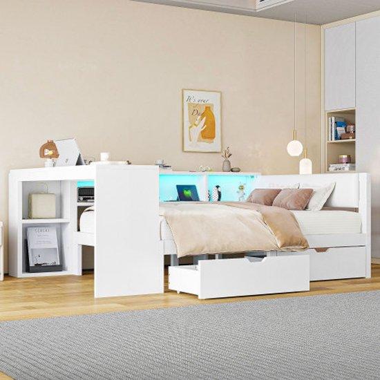 Holz-Plattformbett 140x200 mit Holzplatten, Schubladen, Ladestation und gepolstertem Kopfteil, mit farbenfroher LED-Beleuchtung, weiß
