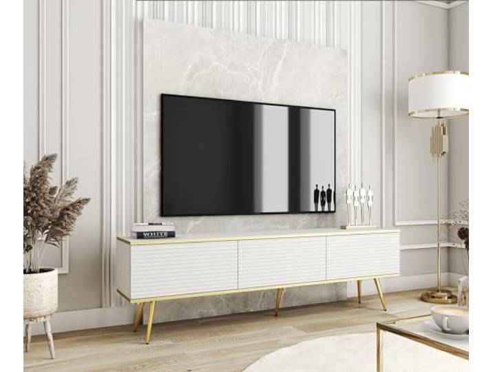 3xE Living TV-Lowboard mit Beinen 175 cm, Push-to-Open, Rillenfront, weißer mit goldenen Beinen, 175 x 32 x 53 cm