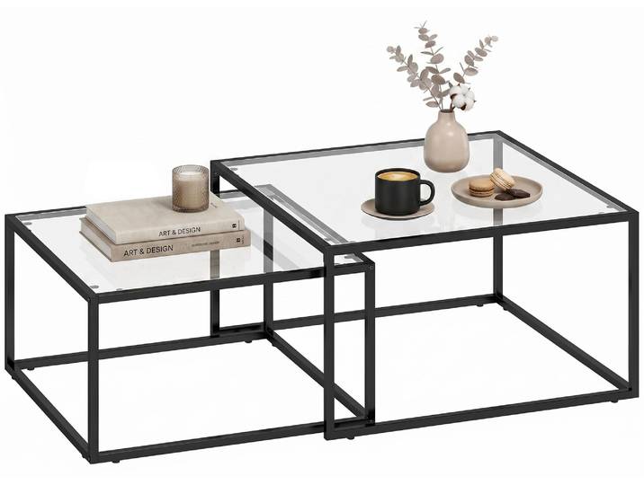HOMCOM Couchtische 2er-Set Satztisch mit gehärteter Glasplatte, Schwarz