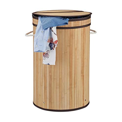 Relaxdays Wasmand van Bamboe met Deksel en Handvatten, Beige, 65 l
