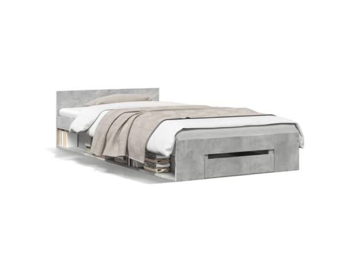 PUGYNBK Bett mit Schublade aus technischem Holz, Grau, Beton, 90 x 190 cm Seitliche Aufbewahrung, Lattenrost im Lieferumfang enthalten, feuchtigkeitsbeständig, für Schlafzimmer